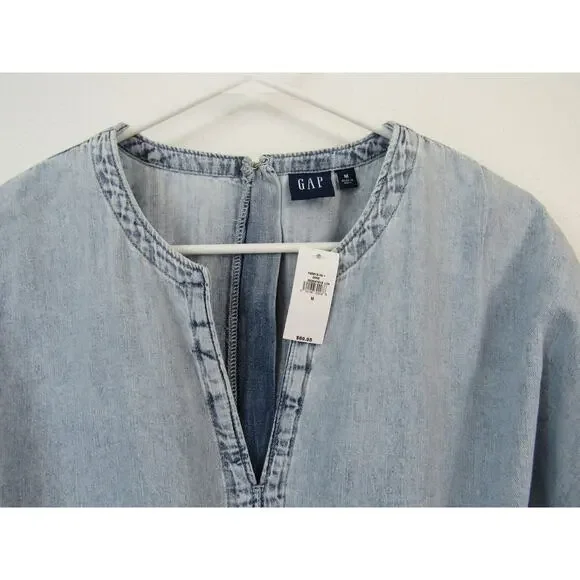 NWT Gap Size Medium Denim Split-Neck Mini Dress Light Wash Blue Preppy Trendy - Picture 4 of 8